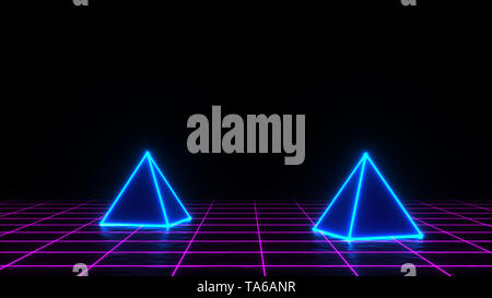 3D-Render von Neon Pyramide auf Grid Hintergrund. Banner Design. Retrowave, synthwave, vaporwave Abbildung. Partei- und Vertriebskonzept Stockfoto