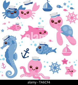 Baby-Meerestiere, die unter dem Meer schwimmen. Set von Seemannsbildern und nautischen Illustrationen mit niedlichen Meerestieren und Fischen. Vektorabbildung. Stock Vektor