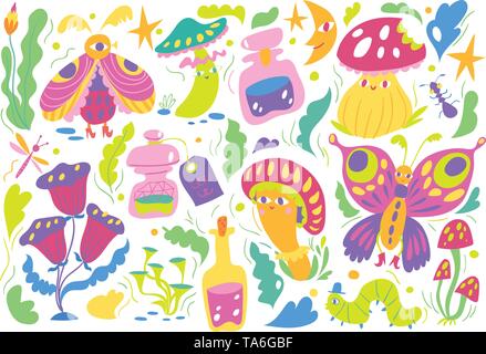 Wunderland vector Pattern mit Insekten, Blumen und Pilzen. Stock Vektor
