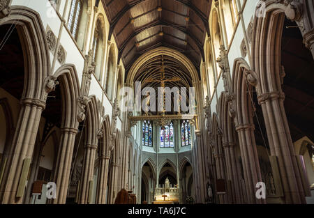 Wimbledon, London: 14. Mai 2019: Die Herz-jesu-Kirche, in Wimbledon, eine Römisch-katholische Pfarrei in der Erzdiözese von Southwark Stockfoto