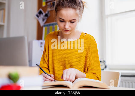 Eine junge Schülerin am Tisch sitzen, zu studieren. Stockfoto