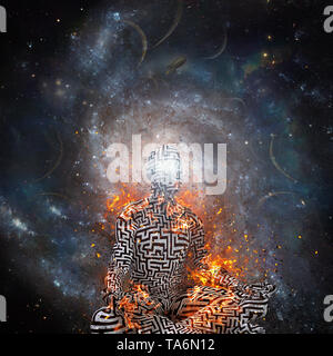 Raum der Meditation. Burning Man im Lotussitz meditieren im Weltraum Stockfoto