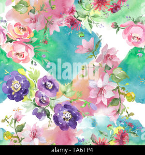 Blumenstrauß Blumen botanischen Blumen. Aquarell Hintergrund Abbildung. Nahtlose Muster. Stockfoto