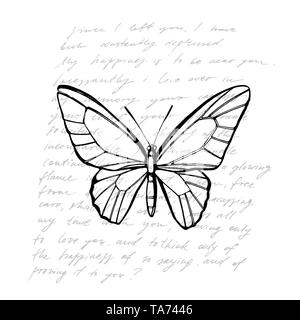 Schmetterlinge Silhouetten. Schmetterling Symbole auf weißem Hintergrund. Grafische Darstellung. Handschriftliche abstrakte Text wallpaper Stockfoto