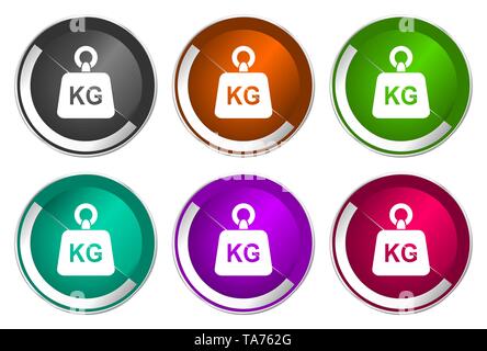 Gewicht kg Kilogramm Symbol, Set silber metallic runde Symbole in sechs Farben auf weißem Hintergrund, modernes Design Vector Illustration Stock Vektor