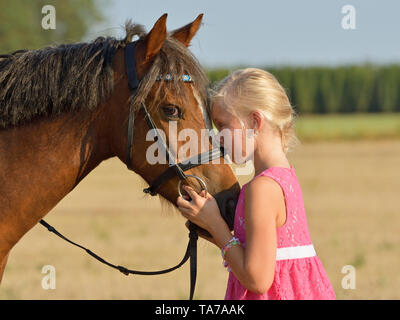 Welsh Pony (Abschnitt B). Kind (Mädchen) Schmusen mit Bay Horse. Deutschland Stockfoto