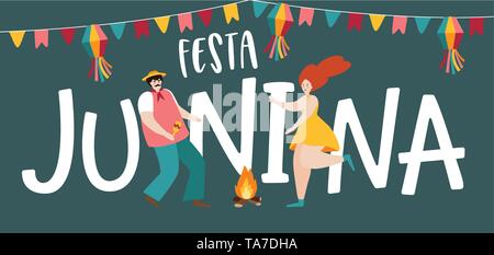 Festa junina, Sao Joao Urlaub. Brasilianische Juni Partei Grußkarte, Web Banner. Mann und Frau tanzen um das Feuer. Party Dekoration, wimpelketten Flags Stock Vektor