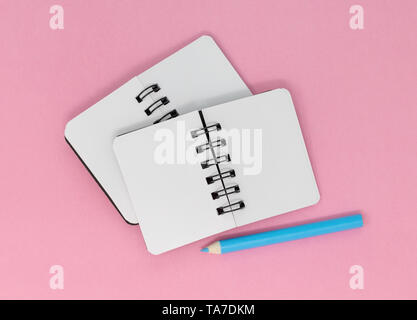 Zwei offene leere Notebooks und einem blauen Bleistift auf einem rosa Hintergrund. Stockfoto