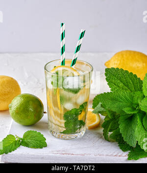 Erfrischende Getränke Limonade mit Zitronen, Minze, Limette im Glas, neben die Zutaten für einen Cocktail Stockfoto