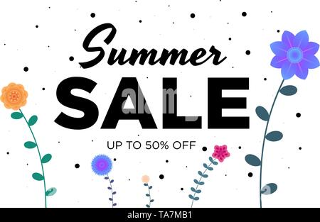 Summer Sale Angebote promotion Banner mit schönen Blumen und Gras. Spezielle Rabatte mockup. Plakat für Promotions, Zeitschriften, Werbung, Website Stock Vektor