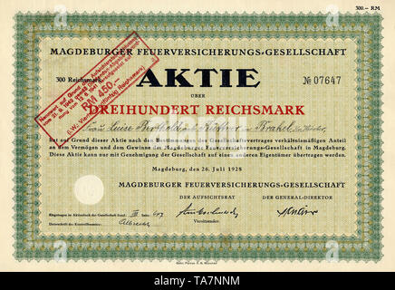 Historische Zertifikat, Reichsmark Verpflichtung, Deutschland, Historische Aktie über 100 Reichsmark, Berliner Feuer-Versicherungsanstalt, 1924, Berlin, Deutschland, Europa Stockfoto