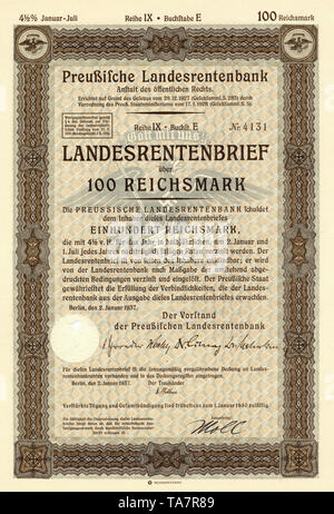 Historische Zertifikat für Obligationen Anleihen, Renten Zertifikat, Deutschland, Schuldverschreibung, Landesrentenbrief der Preußischen Landesrentenbank über 100 Reichsmark, Berlin, 1937, Deutschland, Europa Stockfoto