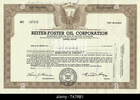 Historische Zertifikat eines Öl- und Gasunternehmen, Reiter-Foster Oil Corporation, Delaware, USA, 1958, Wertpapier, historische Aktie, Mineralöl- und Erdgasunternehmen, Reiter-Foster Oil Corporation, 1958, Delaware, USA Stockfoto