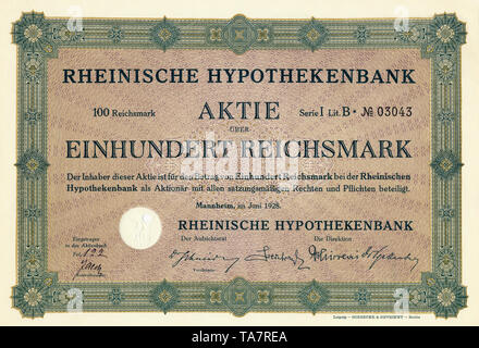 Historische Zertifikat, Reichsmark Verpflichtung, Deutschland, Historische Aktie über 100 Reichsmark, Rheinische Hypothekenbank Mannheim, 1928, Deutschland, Europa Stockfoto