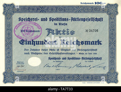 Historische Zertifikat, Reichsmark Verpflichtung, Deutschland, Historische Aktie über 100 Reichsmark, Speicherei- und Speditions-Aktiengesellschaft in Riesa, 1929, Deutschland, Europa Stockfoto