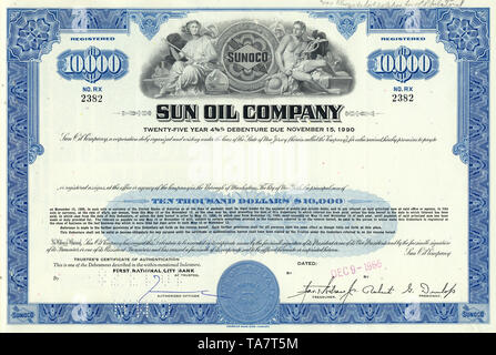 Historische Zertifikat eines Öl- und Gasunternehmen, Sun Oil Company, Ohio, USA, 1965, Wertpapier, historische Aktie, Mineralöl- und Erdgasunternehmen, Sun Oil Company, 1965, Ohio, USA Stockfoto