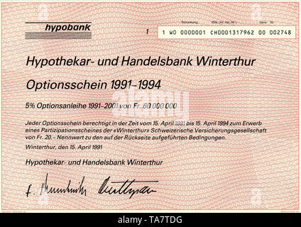 Historische Wertpapiere, Zertifikat, Zertifikat, Träger rechtfertigen, Historisches Wertpapier, Inhaber-Optionsschein über 20 schweizer Franken, 1991, Hypobank, Hypothekar- und Handelsbank Winterthur, Schweiz, Europa Stockfoto