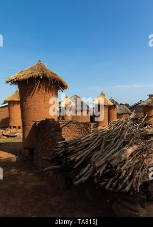 Getreidespeicher mit Strohdächern in einem senufo Dorf, Bezirk, Niofoin Savanes, Elfenbeinküste Stockfoto