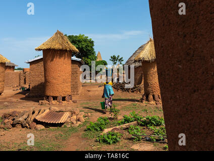 Senufo Frau, die Wasser vorbei vor Getreidespeicher, Savanes Bezirk, Niofoin, Elfenbeinküste Stockfoto