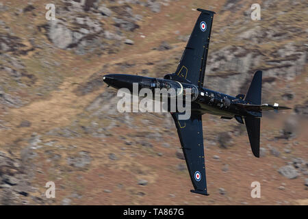 RAF Hawk flying low level durch das Mach Loop in Wales, Großbritannien Stockfoto