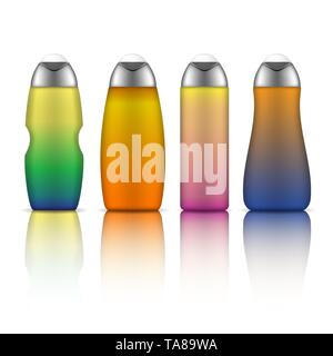 Bunte Flaschen für Kosmetik. Vektor einrichten von verschiedenen Formen mit Reflexion auf weißem Hintergrund. Stock Vektor