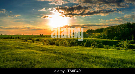 Herrliche Landschaft, Sonnenuntergang über die Felder, Schluchten und Wälder, türkis Orange Sky und helle grüne Gras und die Blätter der Bäume. Stockfoto