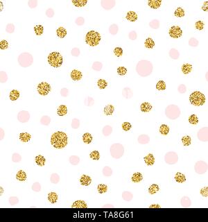 Gold und Pink Polka Dot glitter nahtlose Muster. Vektor endlose Hintergrund mit Konfetti. Nette Kreise Muster. Gold Metallfolie Hintergrund. Stock Vektor