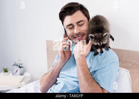 Lächelnd schöner Mann reden auf dem Smartphone während lustig Waschbär sitzend auf seiner Schulter Stockfoto