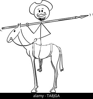 Vektor cartoon Strichmännchen Zeichnen konzeptionelle Darstellung der Ritter auf Pferd mit Windmühle auf Hintergrund - Don Quijote Charakter aus dem Buch Stock Vektor