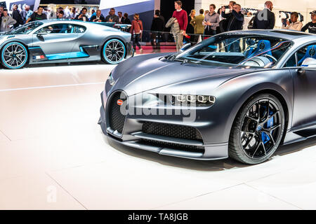 Genf, Schweiz, 07. März 2019: Bugatti Chiron Sport am Genfer Autosalon, Traumautos, Bugatti Messegelände Stockfoto