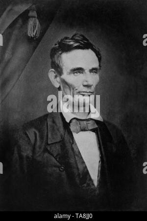 Kopf und Schultern Portrait von Abraham Lincoln im US-amerikanischen Präsidentschaftswahlkampf von 1860, Foto von 1858 getroffen Stockfoto