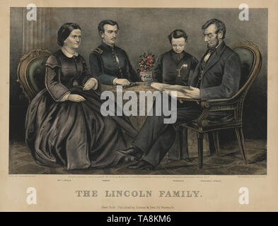 Die Lincoln Familie, von links Mary Todd Lincoln, Robert Lincoln, Thomas Lincoln, Abraham Lincoln, Lithographie von Currier & Ives, 1867 Stockfoto