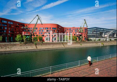 Innenhafen Duisburg mit dem Wave-förmigen Gebäude des Landesarchivs NRW, anderen modernen Bürogebäuden und alten Hafenkränen, Duisburg, Ruhrgebiet Stockfoto