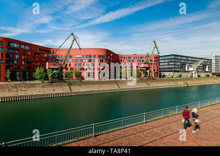 Innenhafen Duisburg mit dem Wave-förmigen Gebäude des Landesarchivs NRW, anderen modernen Bürogebäuden und alten Hafenkränen, Duisburg, Ruhrgebiet Stockfoto