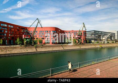 Innenhafen Duisburg mit dem Wave-förmigen Gebäude des Landesarchivs NRW, anderen modernen Bürogebäuden und alten Hafenkränen, Duisburg, Ruhrgebiet Stockfoto