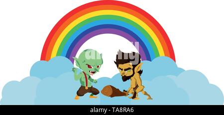 Hässliche Troll mit caveman gnome und Rainbow Vector Illustration Design Stock Vektor