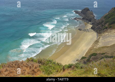 Typische Southern Pacific Sandstrand mit langen Surf Wellen im Norden von Neuseeland, wo Tasmanischen Meer und Pazifischen Ozean. Stockfoto