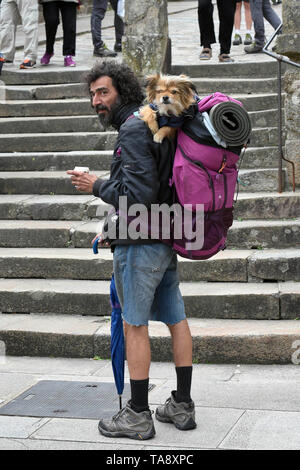 Spanien, ein Pilger mit einem Hund auf seine Schulter in Santiago de Compostela, A Coruña, Galizien, Spanien Foto © Fabio Mazzarella/Sintesi/Alamy Stock Ph Stockfoto