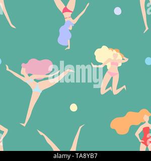 Beach Volleyball Damen im Badeanzug zeitgenössische Kunst flach Vektor-illustration Aktive weibliche Sportler spielen Sport genießen Freiheit Lebensstil in s Stock Vektor