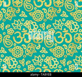 Nahtlose Muster mit goldenen Lack Folie Tinte OM meditation Ornament. Zen blau grün Hintergrund, handgezeichnete Illustrationen. Stock Vektor