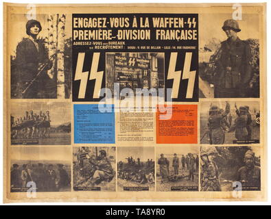 Eine französische Propaganda Poster Werbung der Waffen-SS' Engagez-vous à la Waffen-SS-Première Division Francaise' historischen, historische, 20. Jahrhundert, 1930S, 1940s, Waffen-SS, bewaffneten Division der SS, bewaffneten Service, Streitkräfte, NS, Nationalsozialismus, Nationalsozialismus, Drittes Reich, Deutsche Reich, Deutschland, Militär, Militaria, Utensilien, Ausrüstung, Geräte, Objekt, Objekte, Stills, Clipping, Clippings, Ausschneiden, Ausschneiden, Ausschnitten, Faschismus, faschistische, nationalsozialistische, NS, NS-Zeit, Editorial-Use - Nur Stockfoto