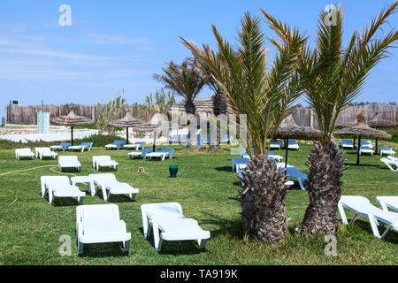 Liegestühle zum Sonnenbaden und auf Gras im tropischen Garten des Luxus Resort Hotel entspannen. Tunesien Stockfoto