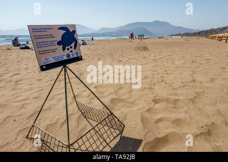 Schützende nest Käfig für Schildkröten Eier, Iztuzu Strand, Dalyan, Mugla, Türkei Stockfoto