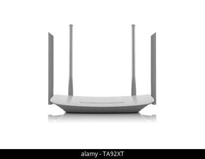 Weißes modernes Wlan Router mit vier Antennen auf weißem Hintergrund. Stockfoto