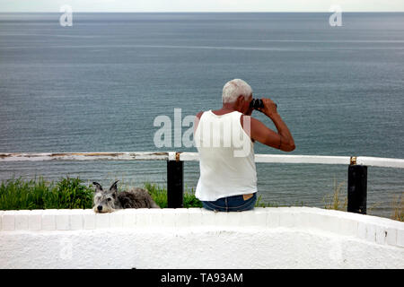 Gut gebaut im mittleren Alter gebräunte Mann mit einem Leibchen und Blick auf das Meer mit dem Fernglas zu, während seine lurcher Hund an Saltburn North Yorkshire sieht Stockfoto
