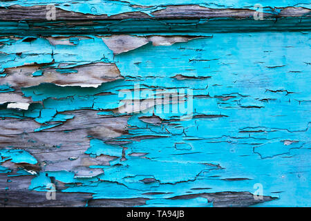 Peeling der blauen Farbe auf alten Holz Bretter. Hintergrund Textur. Stockfoto