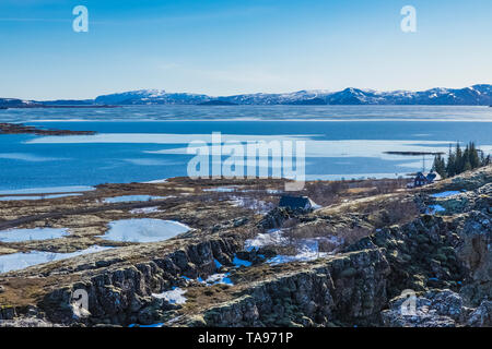 See Þingvallavatn gesehen von der Oberseite der Schlucht Almannagjá Þingvellir National Park, Island Stockfoto