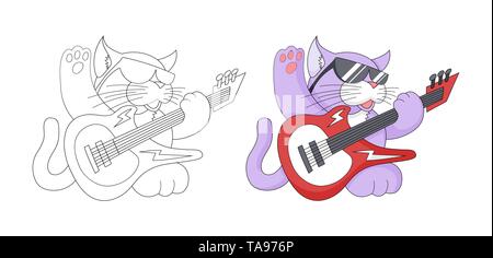 Musikalische cartoon Tier. Kindisch Katze mit Gitarre. Malbuch Seite für Kinder Stock Vektor