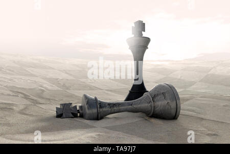 Zwei verwitterten Schach Könige beenden ein Spiel auf einem karierten Wüste wie Terrain mit dem schwarzen König Stehend über die Gefallenen weiße König - 3D-Rendering Stockfoto