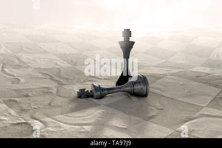 Zwei verwitterten Schach Könige beenden ein Spiel auf einem karierten Wüste wie Terrain mit dem schwarzen König Stehend über die Gefallenen weiße König - 3D-Rendering Stockfoto